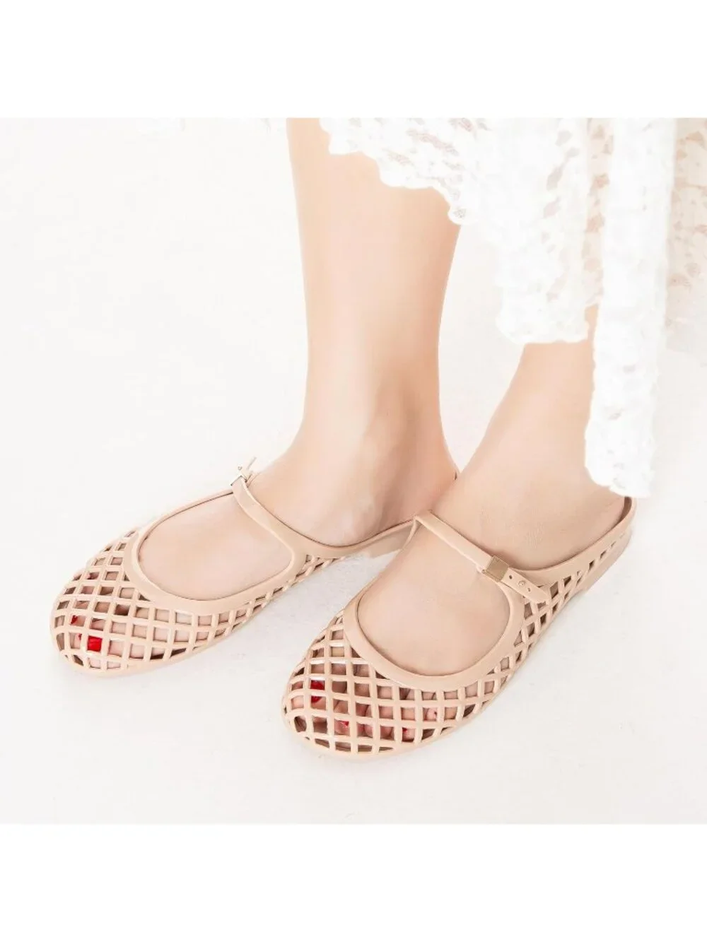 Women's Nude Mary Jane Jelly Mule Flat Sandals Waterproof Beach Pool Comfort